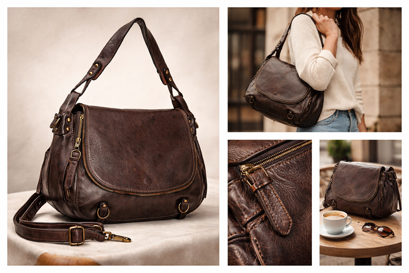 Półokrągła torba listonoszka skórzana saddle bag vintage - ciemny brąz