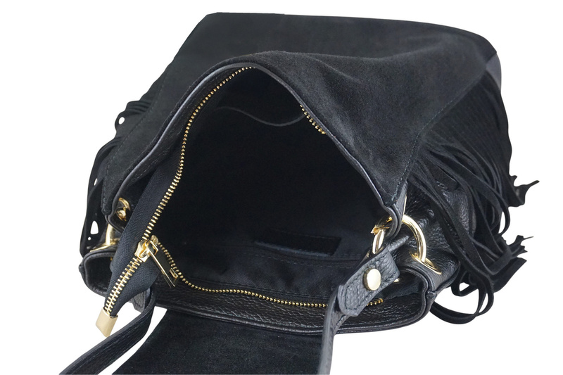 Skórzana torebka boho z frędzlami - Czarna