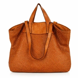 Torba damska pleciona shopper & shoulder leather bag - MAZZINI brąz karmel