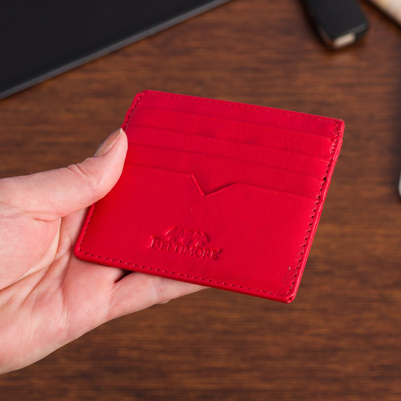 Etui na dokumenty karty wizytówki skórzane slim portfel czerwone Beltimore E49