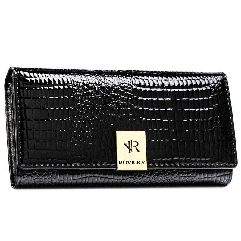 Duży, czarny portfel damski ze skóry naturalnej we wzór imitujący skórę krokodyla - Rovicky