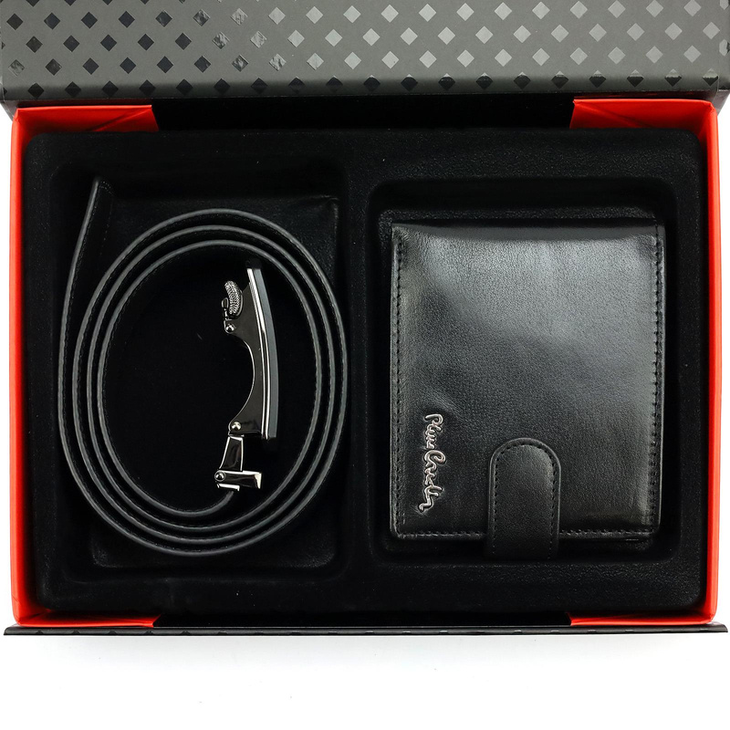 Pierre Cardin zestaw męski skórzany rozbudowany portfel i pasek do spodni