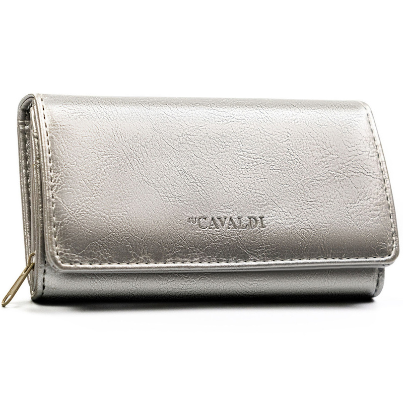 Duży, srebrny portfel damski ze skóry ekologicznej z kieszonką zewnętrzną - 4U Cavaldi