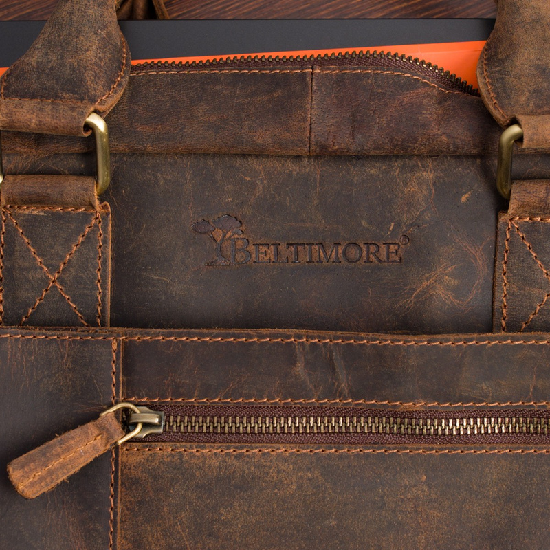 Duża solidna skórzana torba Beltimore na laptopa dokumenty brązowa nubuk M88