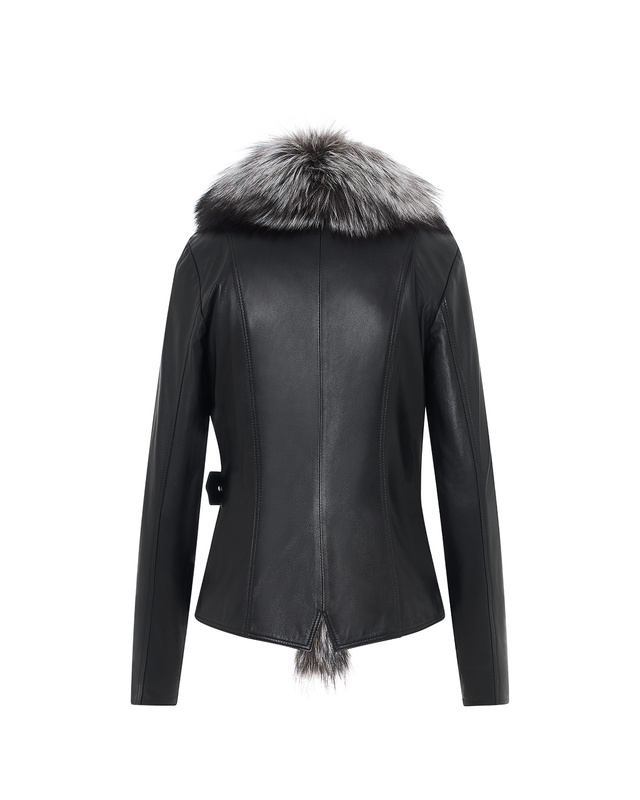 Damska kurtka skórzana z futrzanym dekoltem ciepły fason