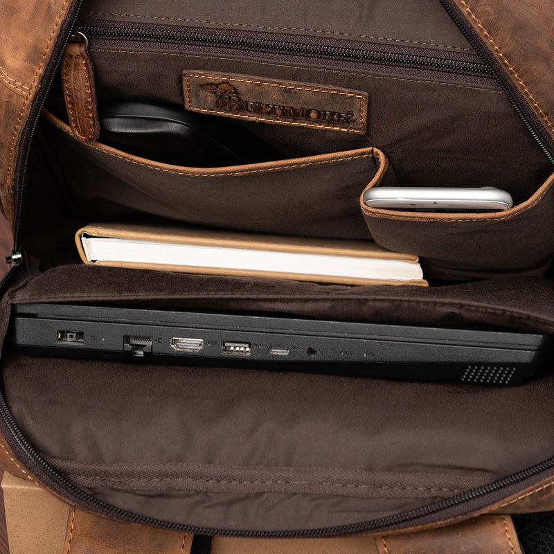 Plecak skórzany na laptopa 15,6 biznesowy duży A4 pojemny brązowy premium Beltimore N09