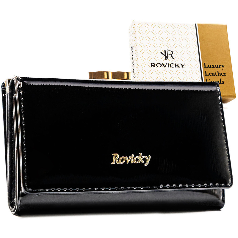 Czarny portfel damski z lakierowanej skóry naturalnej zamykany na zatrzask i bigiel - Rovicky