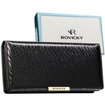 Duży portfel damski ze skóry ekologicznej w czarnym kolorze zamykany na zatrzask - Rovicky