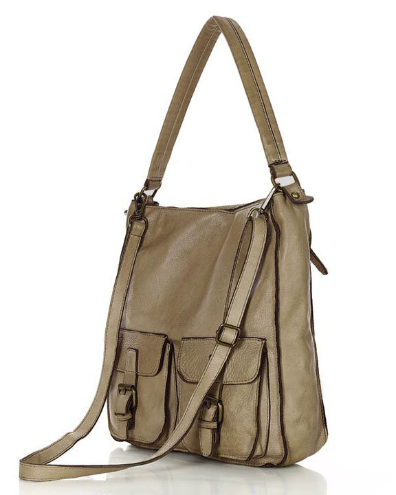 Torebka skórzana na ramię z kieszonkami safari leather bag - MARCO MAZZINI beż taupe