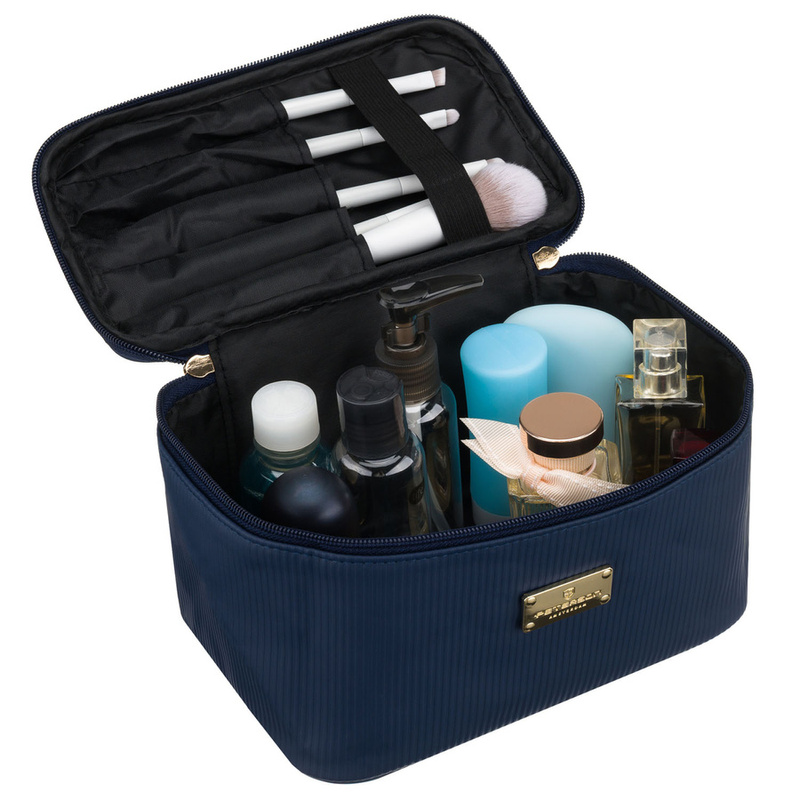 Granatowa kosmetyczka z tkaniny syntetycznej z poręcznym uchwytem - Peterson