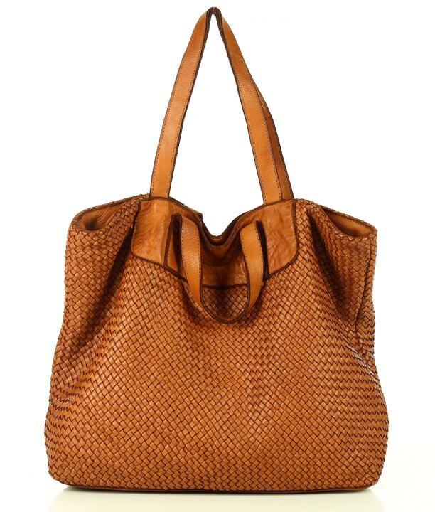 Torba damska pleciona shopper & shoulder leather bag - MARCO MAZZINI brąz karmel