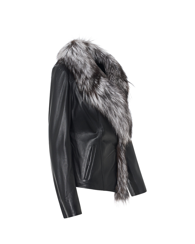 Damska kurtka skórzana z futrzanym dekoltem ciepły fason