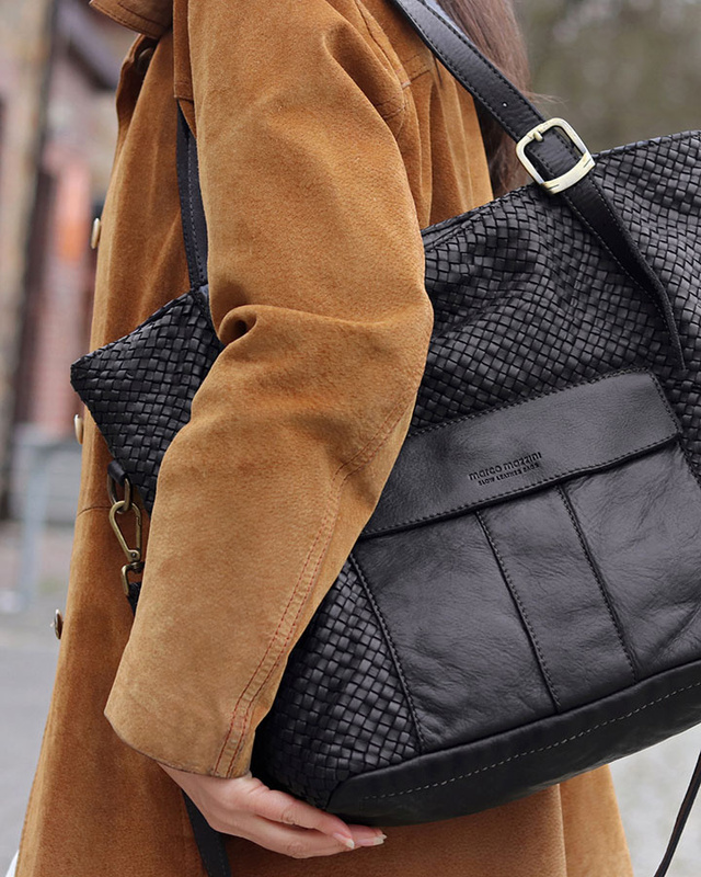 Duża torebka pleciona na ramię shopperka skórzana - MARCO MAZZINI czarna