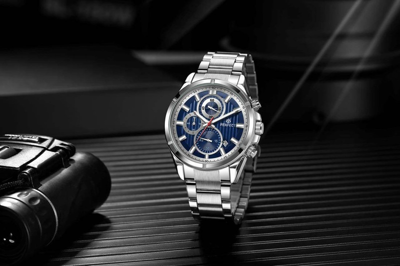 Srebrny elegancki zegarek męski bransoleta duży solidny Perfect CH03M