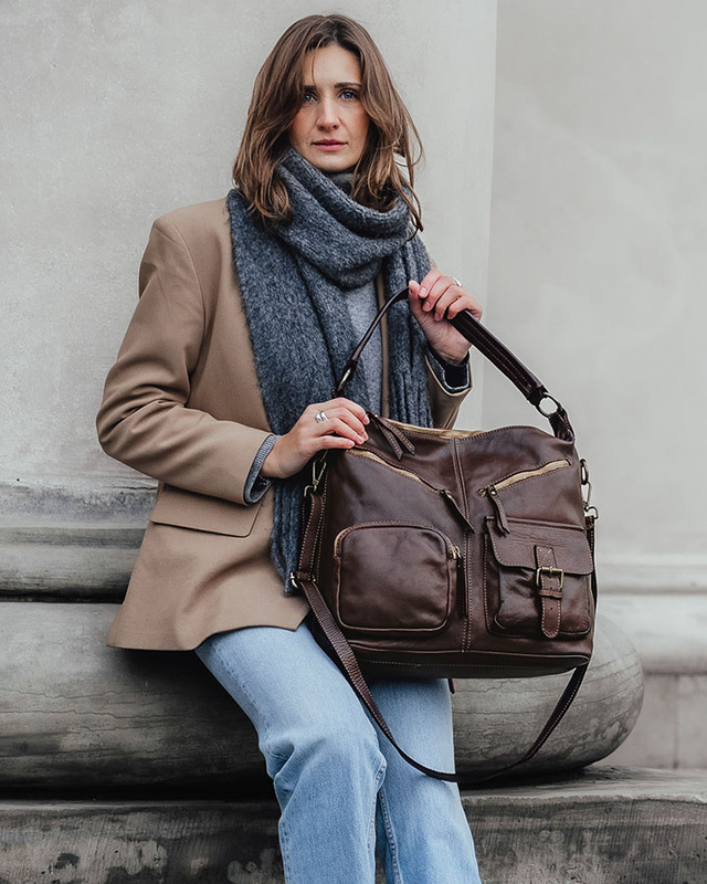 Torebka skórzana na ramię pockets old pelle lavata - MARCO MAZZINI brąz