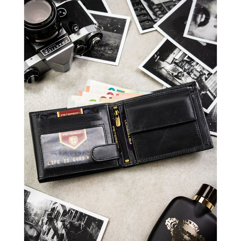 Duży, skórzany portfel męski w czarnym kolorze wyposażony w system RFID - Peterson