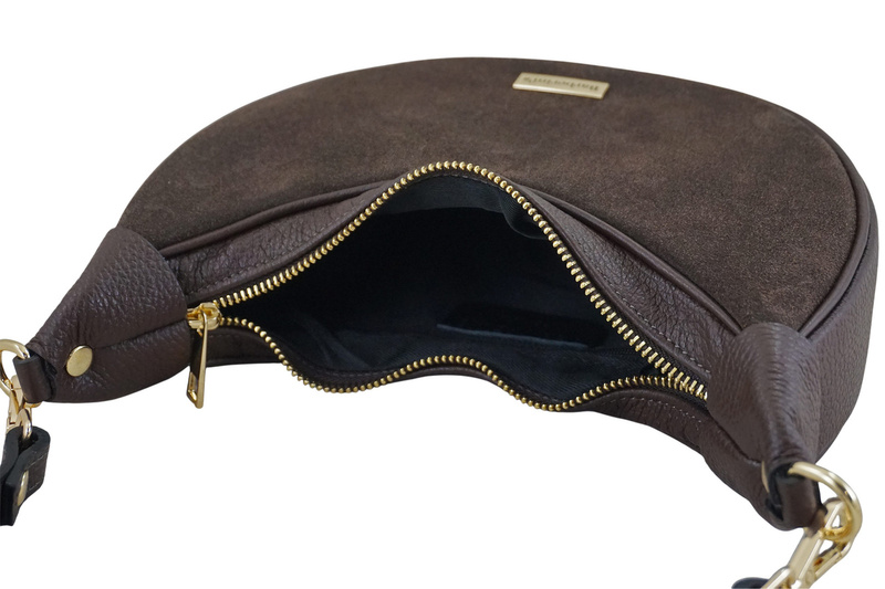 Subtelna mini torebka z miękkim zamszem i złotymi detalami - Brązowa ciemna