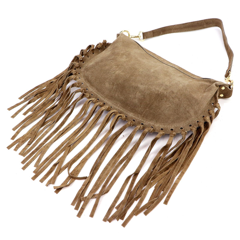 Luka Zamszowa damska listonoszka skórzana z frędzlami torebka na ramię