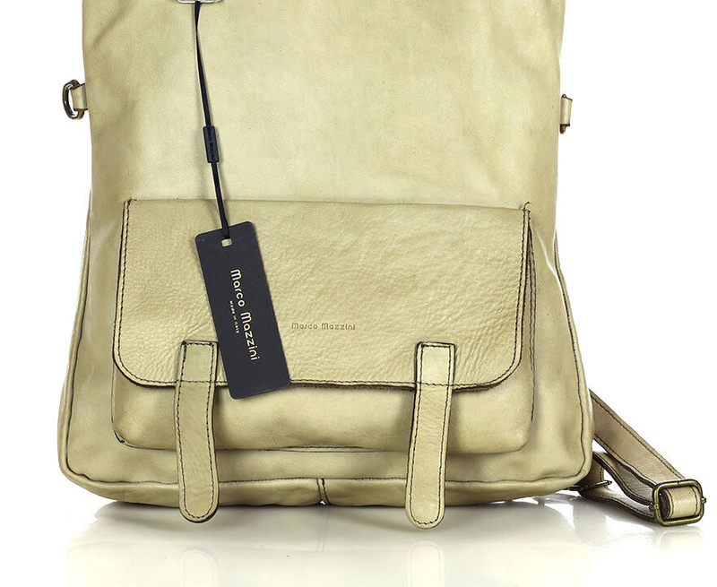 Skórzana torebka plecak z kieszenią z przodu - MARCO MAZZINI beż taupe