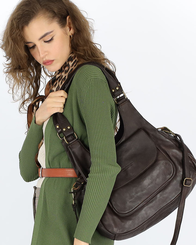 Włoska torebka skórzana z kieszenią z przodu retro bag handmade - MARCO MAZZINI ciemny brąz caffe