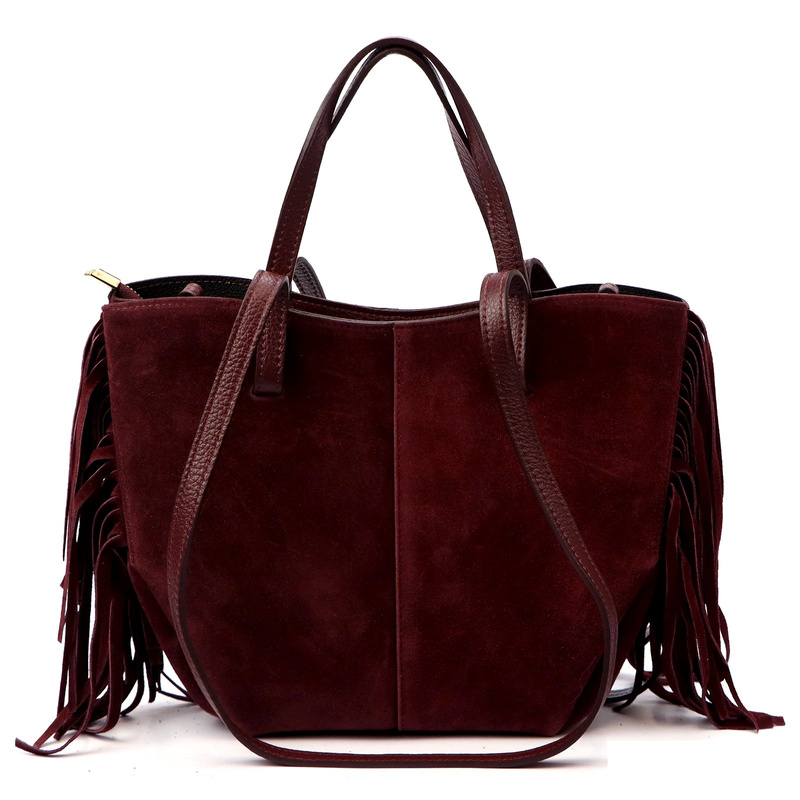 Vera Pelle damska shopperbag zamszowa torebka na ramię z frędzlami