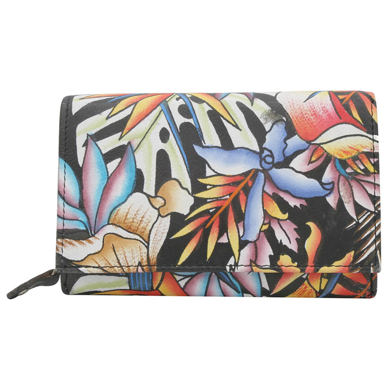 Rovicky Pojemny skórzany portfel damski na zatrzask roślinny wzór