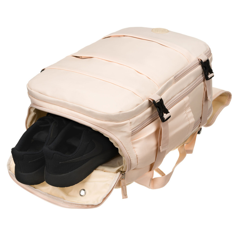 Plecak podróżny z portem USB wykonany z poliestru w beżowym kolorze - Peterson