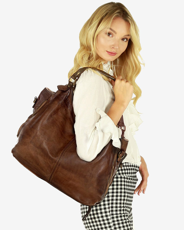 Torba skórzana wysokogatunkowa na ramię styl miejski shoulder leather bag - MARCO MAZZINI czekoladowy brąz