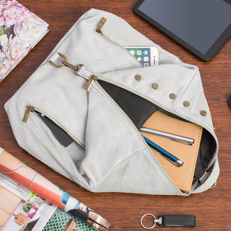 Jasnoszary Włoski Stylowy Plecak Damski Skórzany Zamsz A4 W14