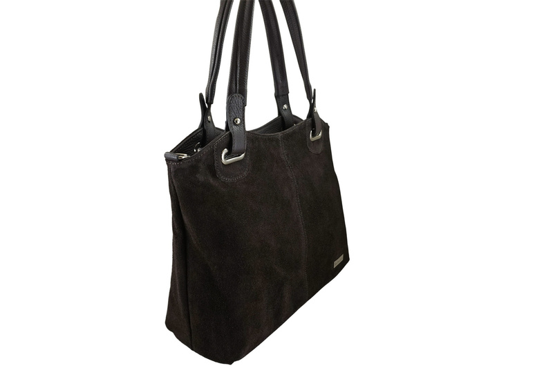 Duża elegancka torebka z naturalnej skóry i zamszu - Brązowa ciemna