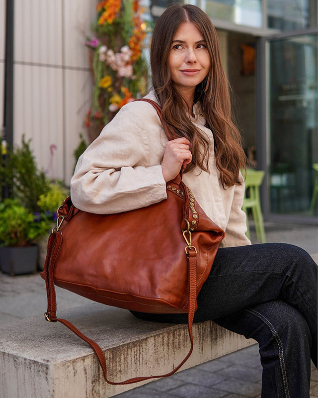 Duża torebka skórzana oversize style shopper bag - MARCO MAZZINI brąz camel