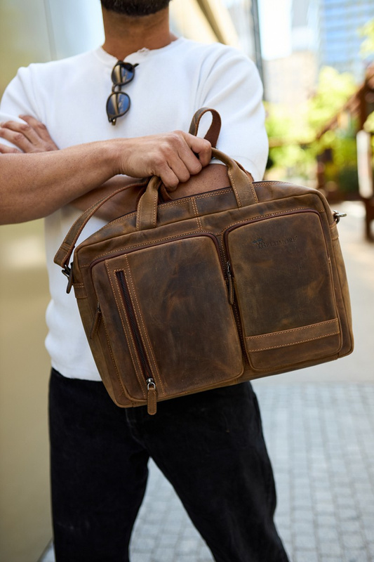 Torba męska skórzana na ramię laptopa duża brązowa nubuk biznesowa Beltimore N07