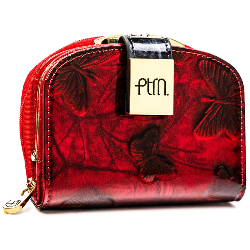 Mały portfel damski ze skóry naturalnej w czerwonym kolorze z tłoczonym wzorem w motylki - Peterson