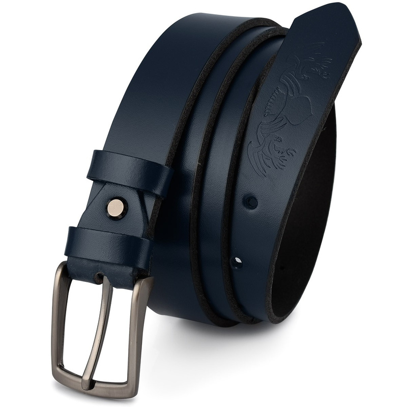 Beltimore skórzany pasek męski granatowy wąski E12 : Kolory - granatowy, Rozmiar pasków - r.90-105 cm