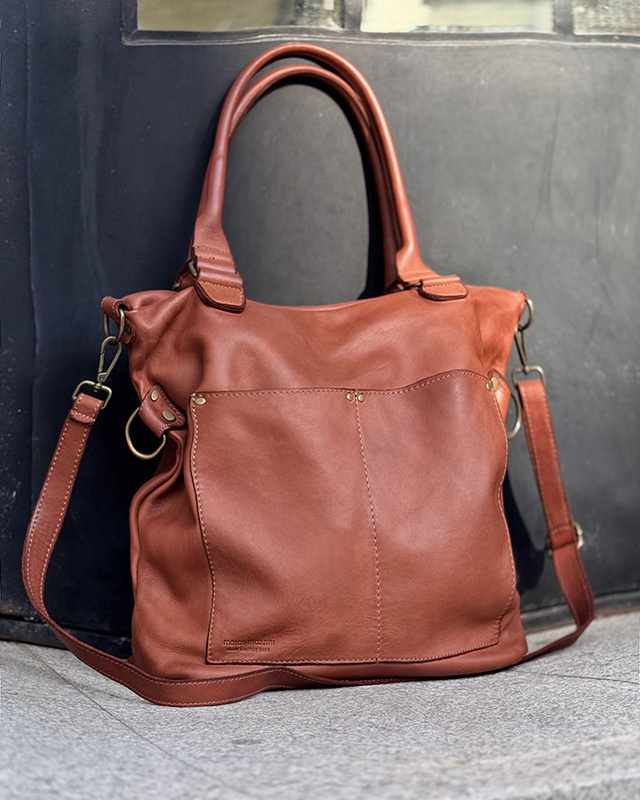 Torebka skórzana XL shopper vintage bag z kieszeniami vera pelle - MARCO MAZZINI brąz migdałowy