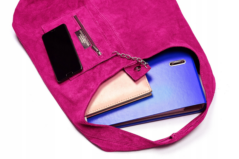 zamszowa torebka skórzana na ramię z saszetką fuksja N88