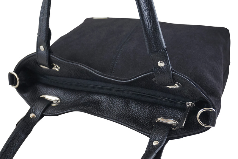 Duża elegancka torebka z naturalnej skóry i zamszu - Czarna