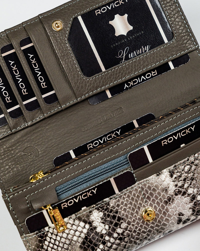 Rovicky skórzany damski portfel podłużny duży wzór skóra węża system RFID