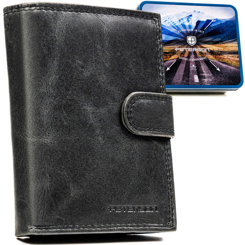 Pionowy portfel męski ze skóry naturalnej w czarnym kolorze zamykany na zatrzask - Peterson