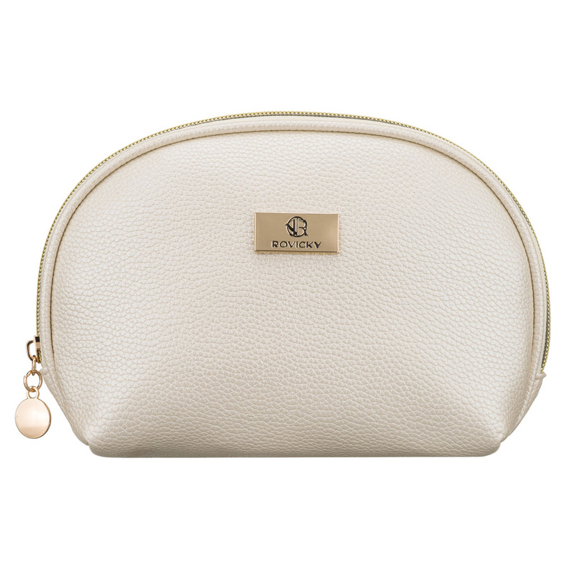 Beżowa kosmetyczka ze skóry ekologicznej, jednokomorowa i zamykana suwakiem - Rovicky