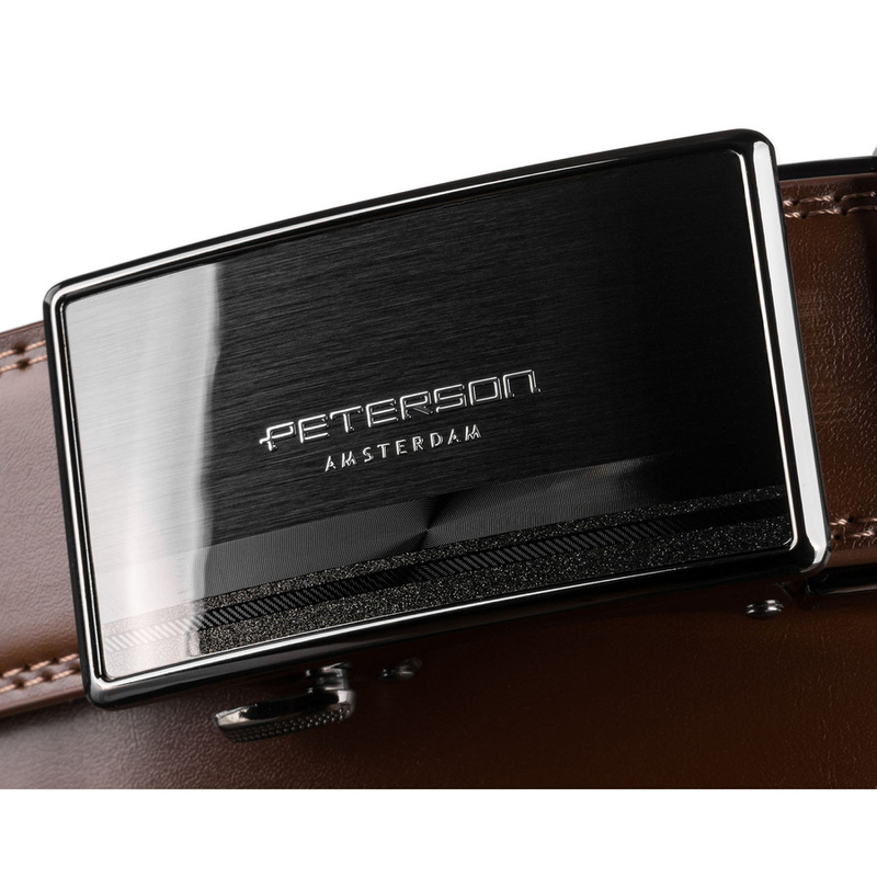 Elegancki, skórzany pasek męski w brązowym kolorze z automatyczną klamrą - Peterson