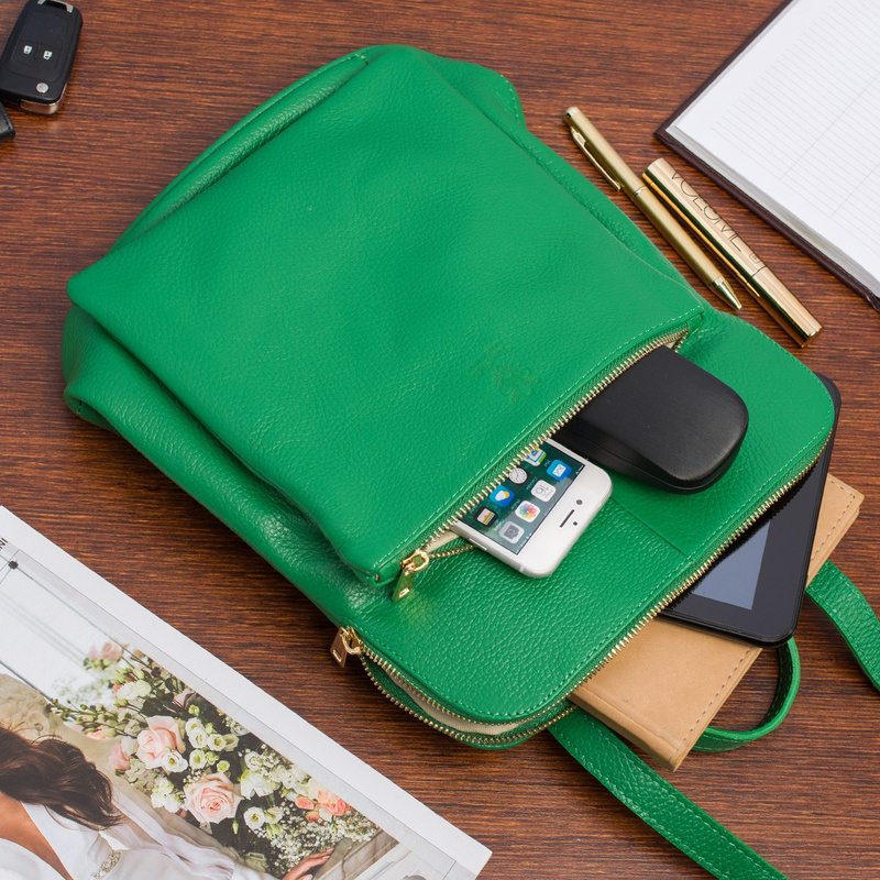 Skórzany plecak damski torba 2w1 elegancki A4 włoski pojemny zielony Vera Pelle S40