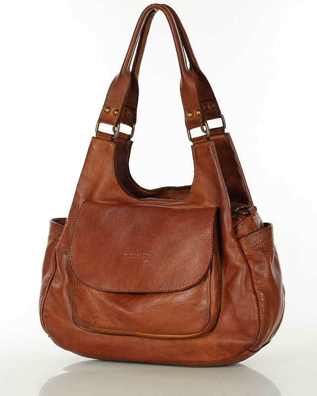 Włoska torebka skórzana z kieszenią z przodu retro bag handmade - MARCO MAZZINI brąz camel
