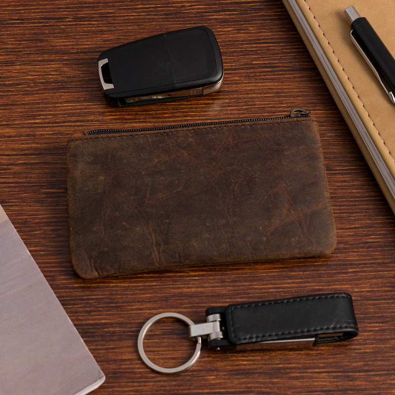 Skórzane etui na klucze dokumenty, pokrowiec kluczówka brązowe vintage E48