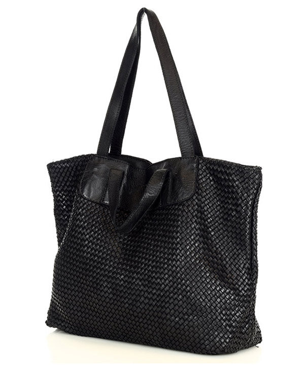 Torba damska pleciona shopper & shoulder leather bag - MARCO MAZZINI czarna