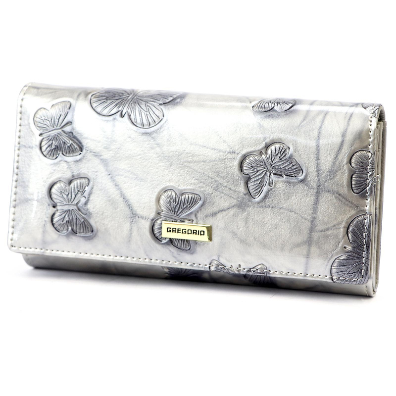 Gregorio damski portfel podłużny skóra naturalna wzór motyle lakierowana