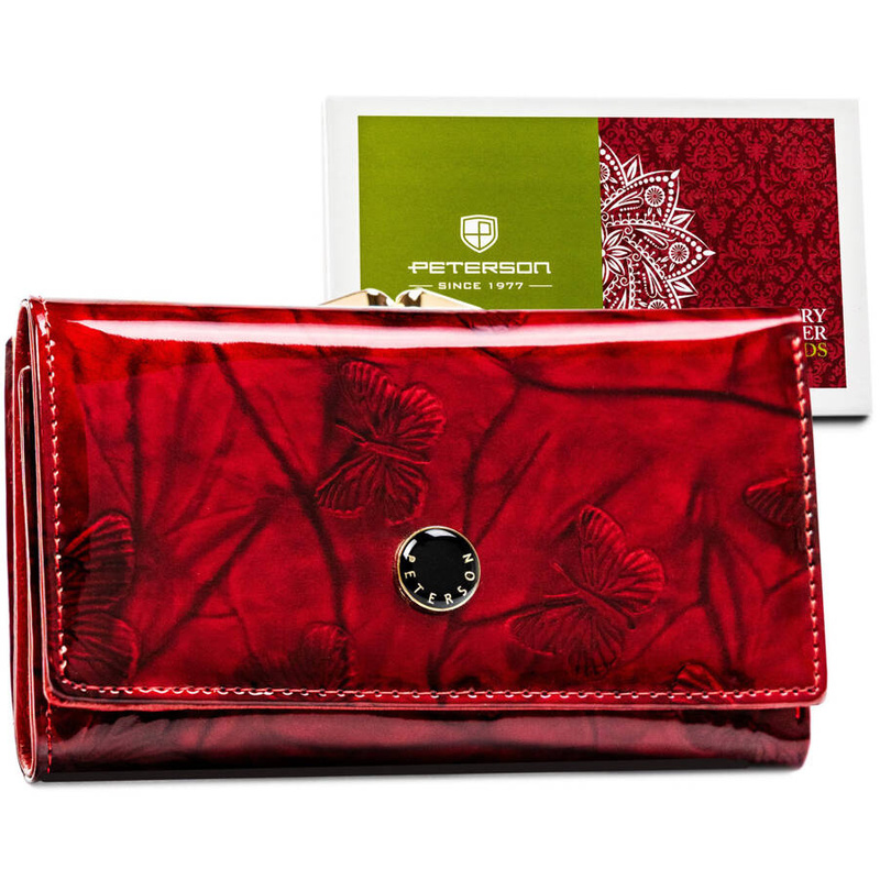 Elegancki skórzany portfel damski czerwony w motyle - Peterson