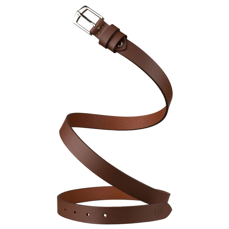 Skórzany, wąski pasek damski w brązowym kolorze ze srebrną, klasyczną klamrą - Peterson