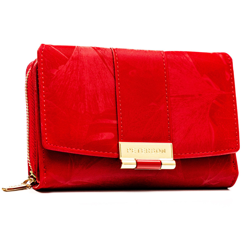 Portfel damski wykonany ze skóry ekologicznej w czerwonym kolorze w delikatne kwiaty - Peterson