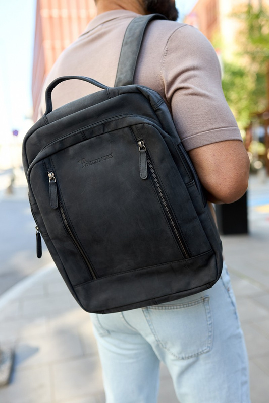 Plecak skórzany na laptopa 15,6 biznesowy duży A4 pojemny czarny premium Beltimore N09